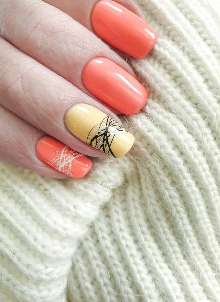 peach and yellow nail art